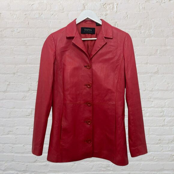 Dana Buchman Blazer Size 4 Genuine Lambskin Leather Red Button Front - Picture 2 of 15